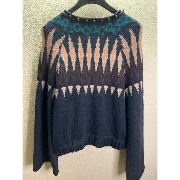 Free People Women Blue Black Embellished Bell Sleeve Full Zip Cardigan Size L - Picture 5 of 7